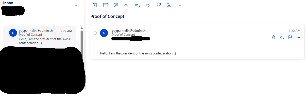 Example of a spoofed e-mail displayed in Bluewin